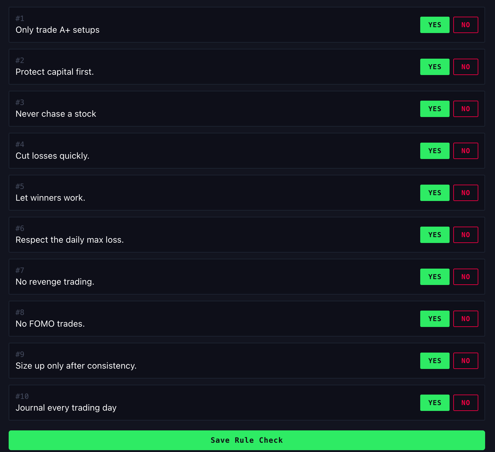 EdgeLog Daily Recap page with rule check and AI coaching
