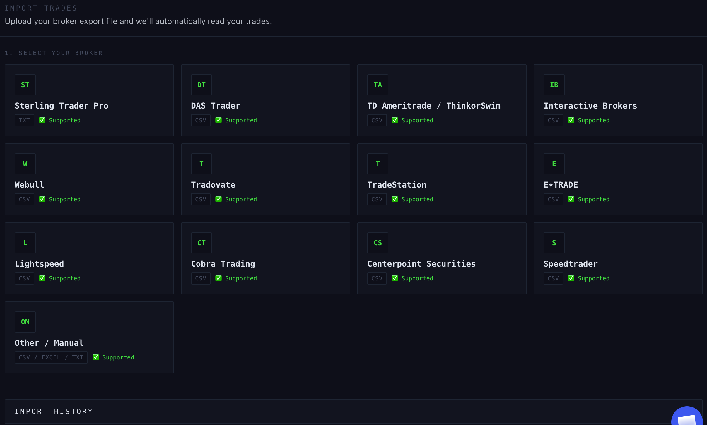 EdgeLog Import Trades page with broker selection grid